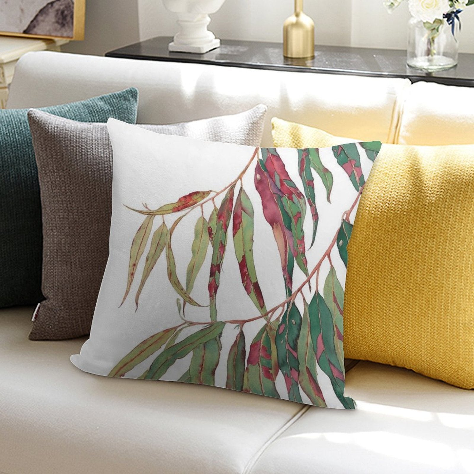 A Touch of Red - Watercolour of Eucalyptus Branch Soft Reinforced Edging Throw Pillow