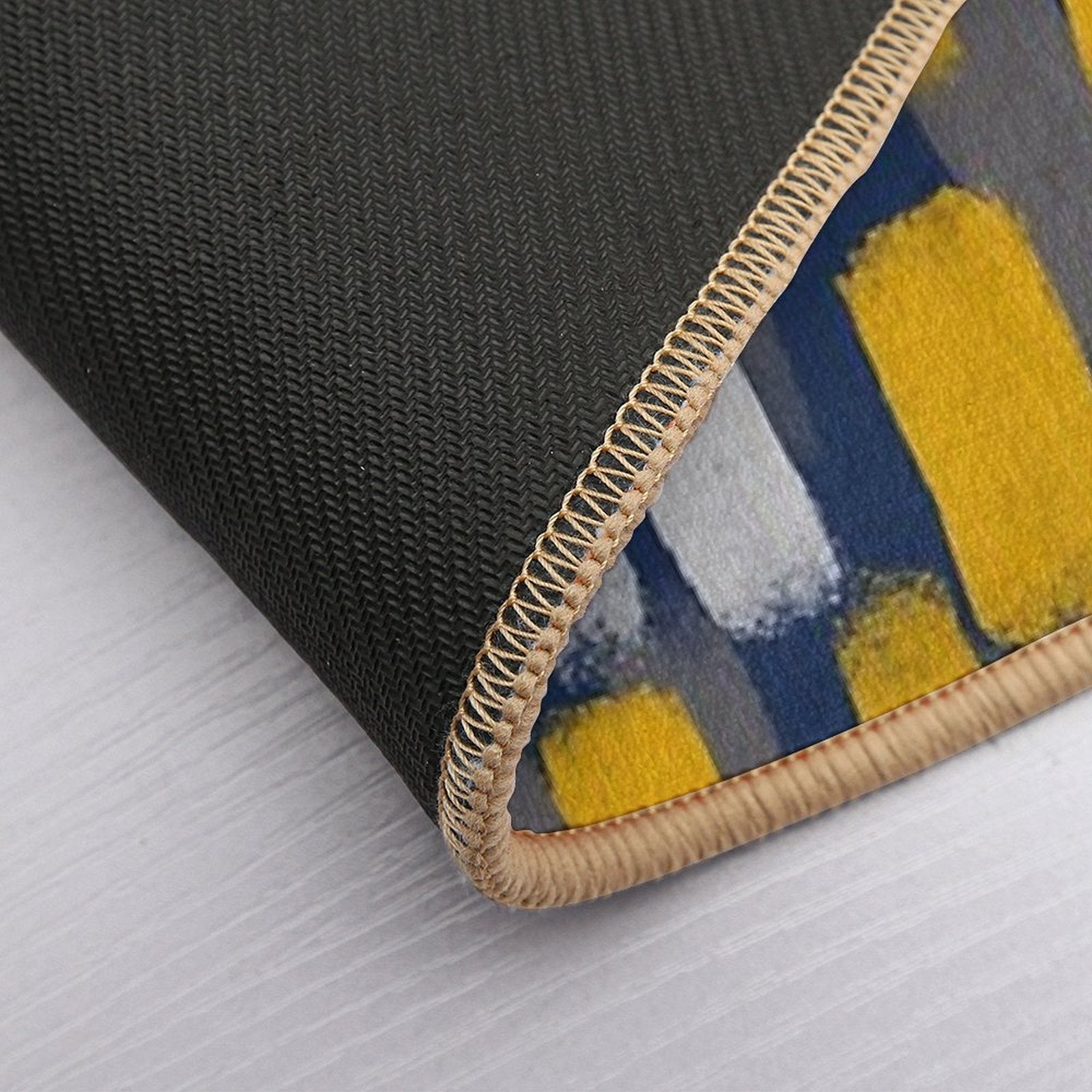 Abstract Grey And Mustard Yellow Paint Brush Effect on Navy Blue  Stain-Proof Bath Mat