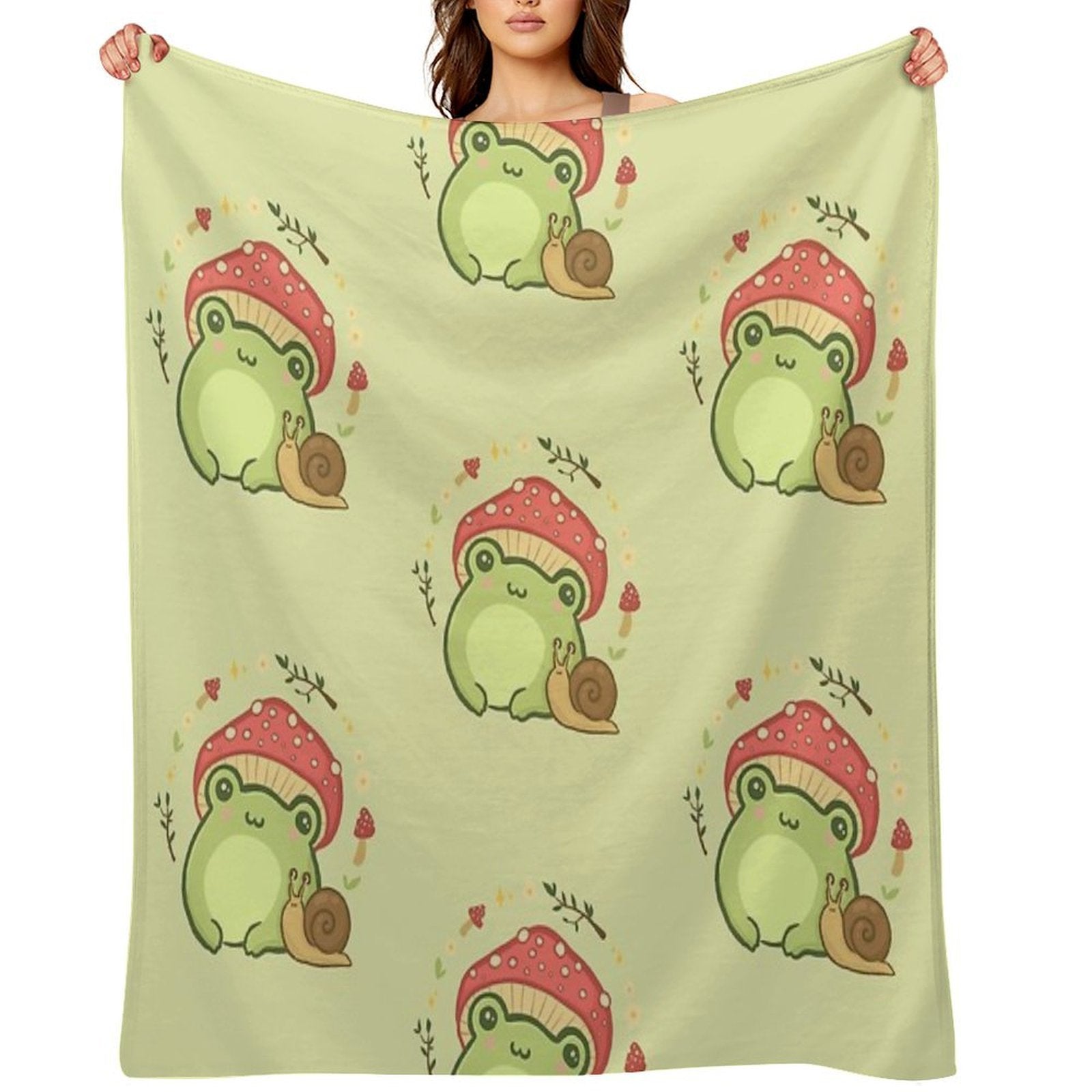 Cute Kawaii Frog with Toadstool Mushroom Hat And Snail Cottagecore Aesthetic Love Machine-washable Throw Blanket