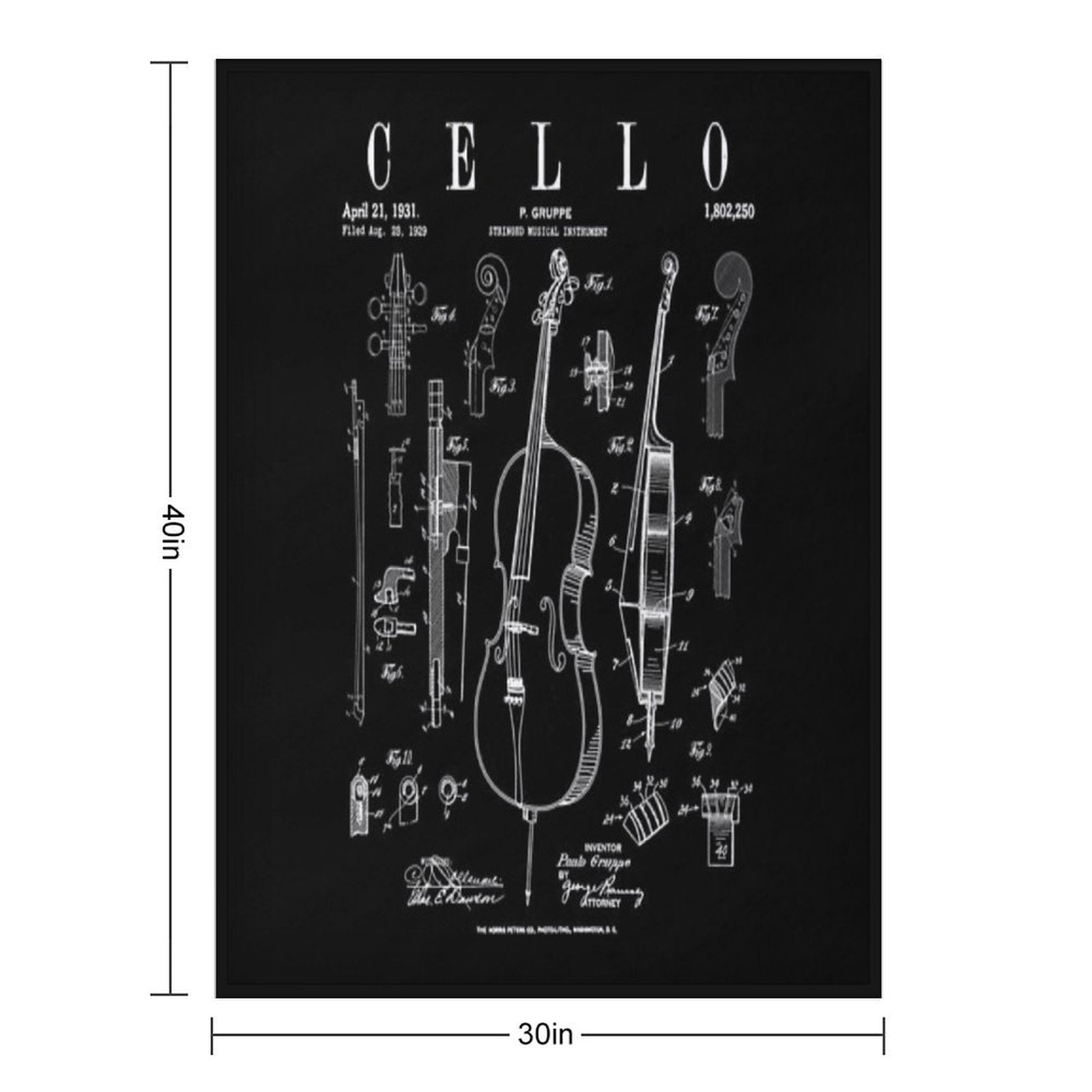 Cello Vintage Patent Cellist Drawing Print Multi-functional Throw Blanket