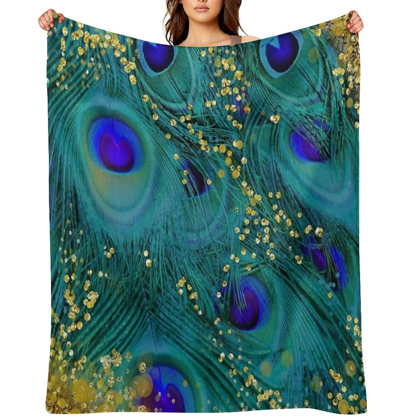 Dreamy Peacock Feathers, Teal And Purple, Glimmering Gold Shrink-resistant Throw Blanket