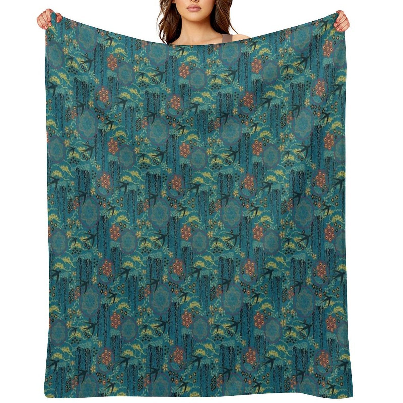 Japanese Garden in Teal Gold Red And Black Durable Throw Blanket
