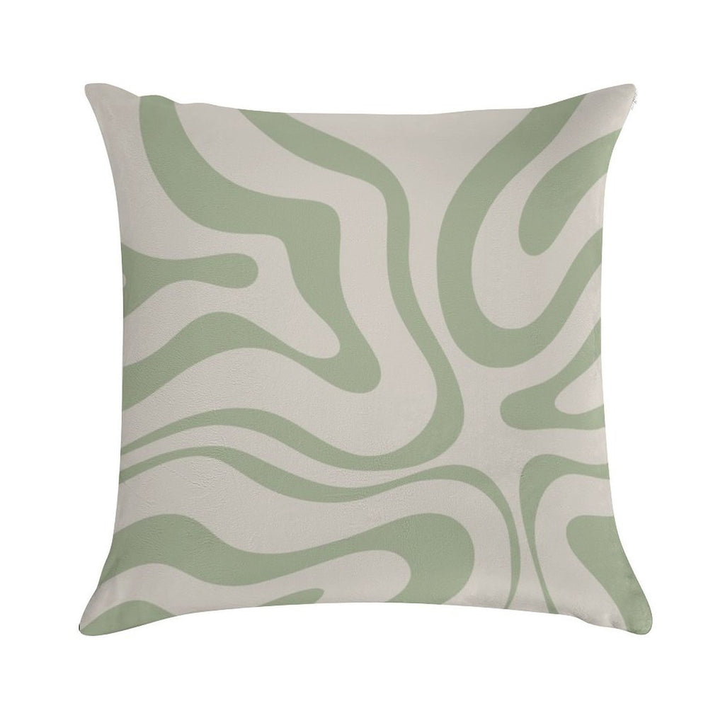 Liquid Swirl Abstract Pattern in Beige And Sage Green Soft Shrink-Resistant Throw Pillow