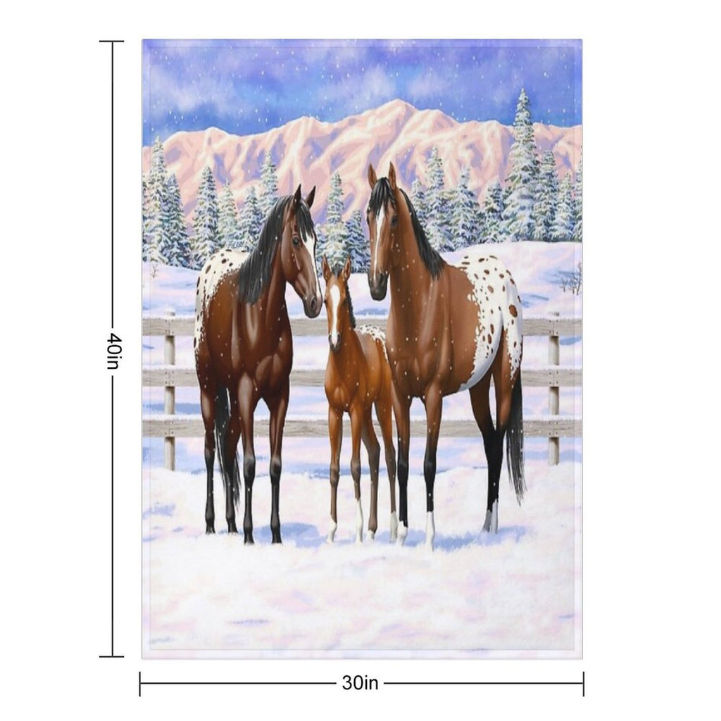 Bay Appaloosa Quarter Horses In Winter Snow Wrinkle-free Throw Blanket