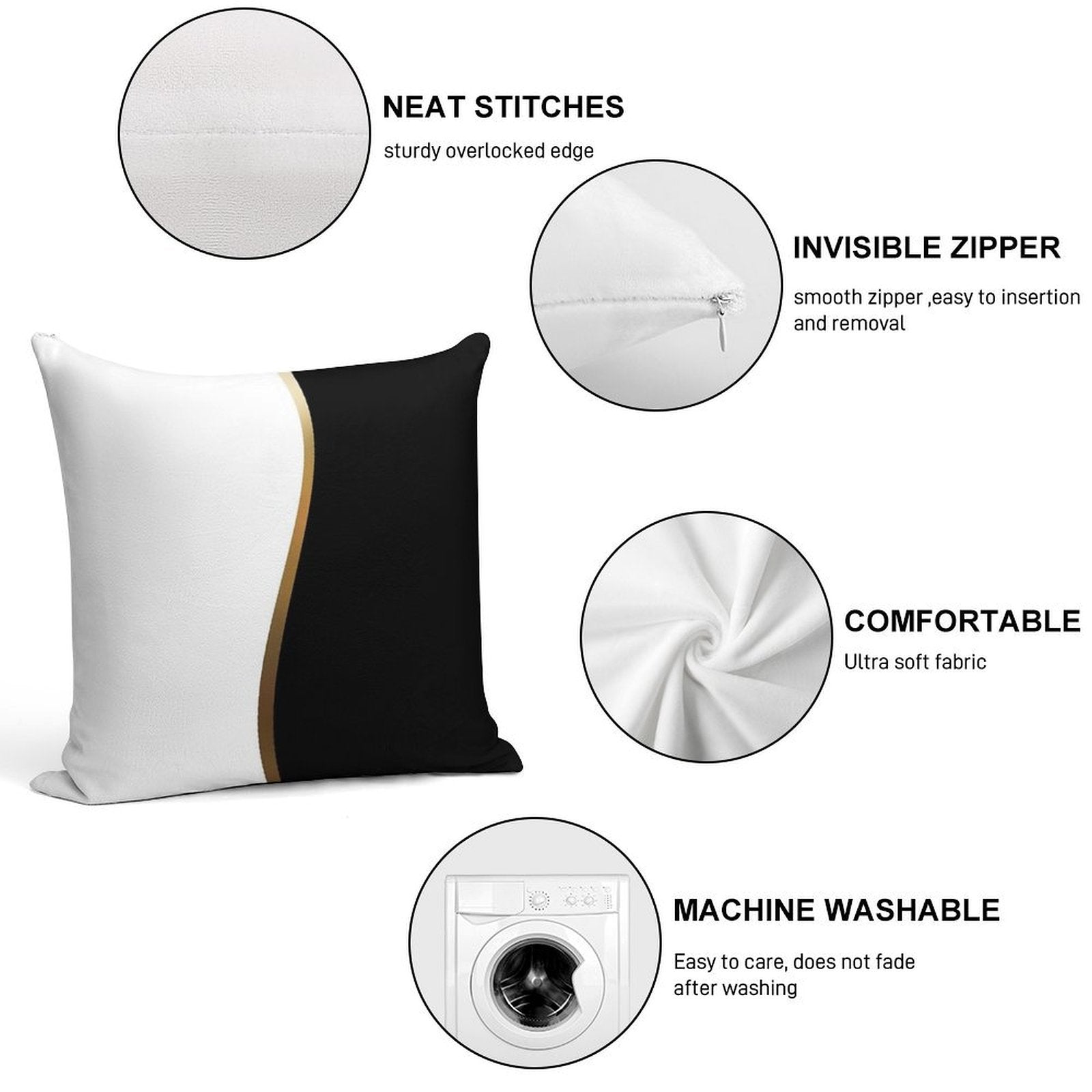 Black And White, Gold Wave Soft Home Decor Throw Pillow