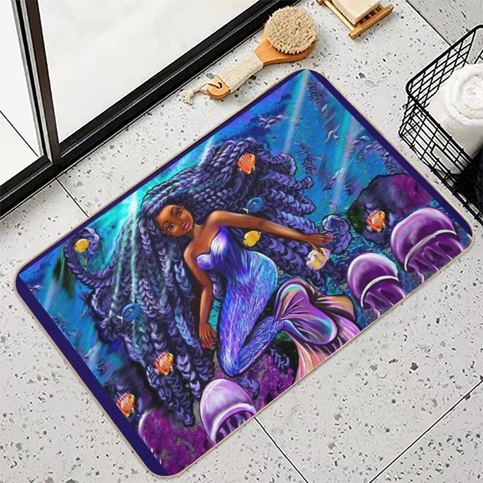 Mermaid Underwater with Flowing Shimmering Blue Black Braids 2 Fish And Jelly Fish  , Brown Eyes Curly Afro Hair And Caramel Bro  Toxin-Free Bath Mat
