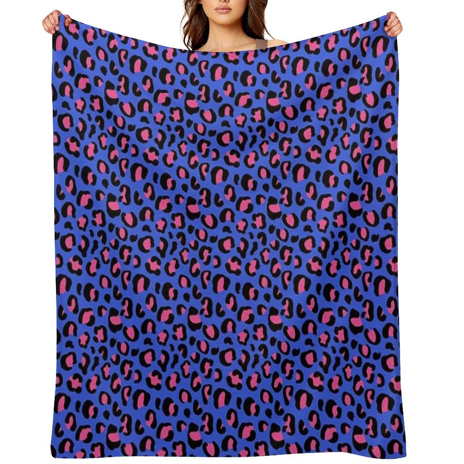 Leopard Print Pink on Blue Pattern Machine-washable Throw Blanket