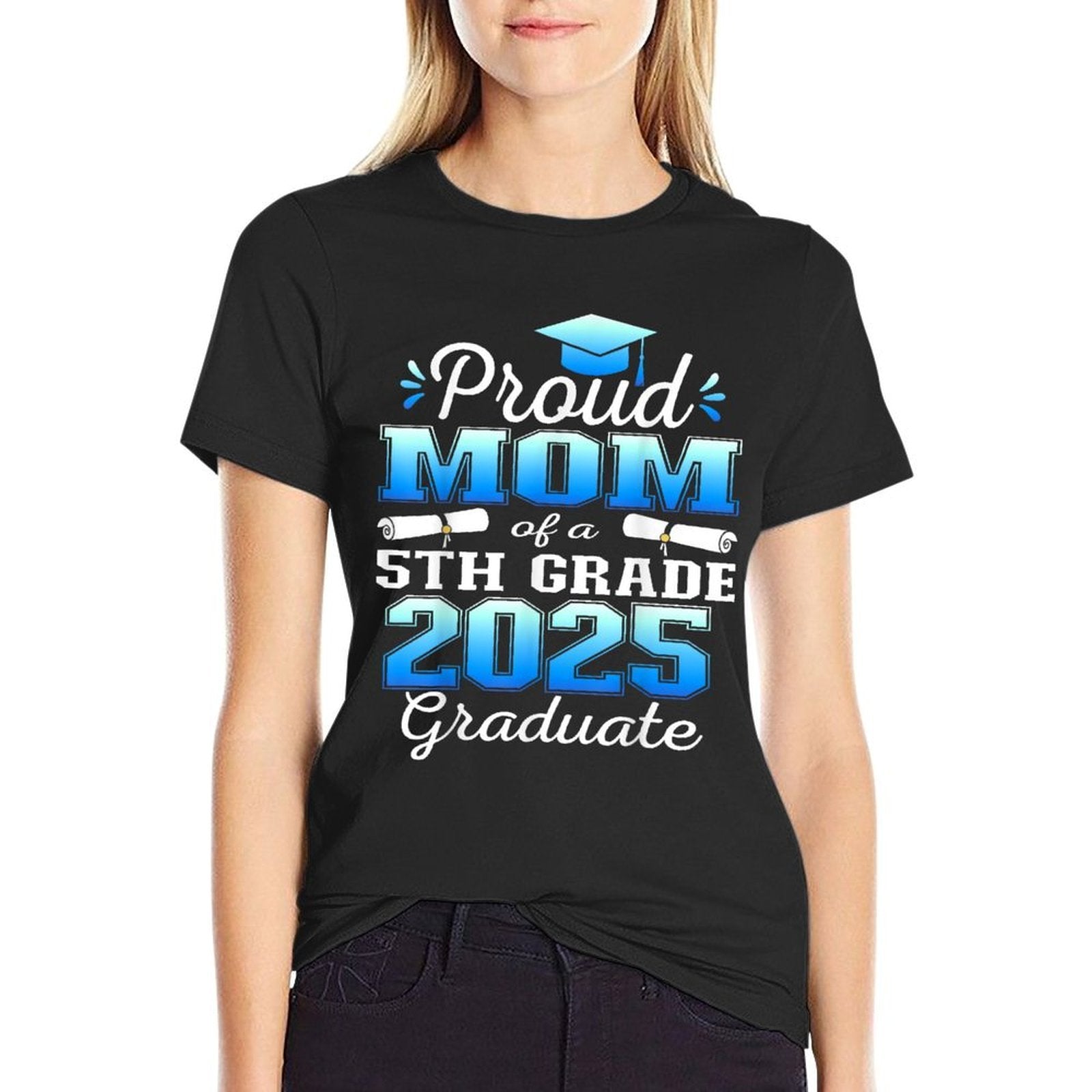 Proud Mom of 5th Grade Graduate 2025 Elementary Graduation  Ribbed Collar T-Shirt