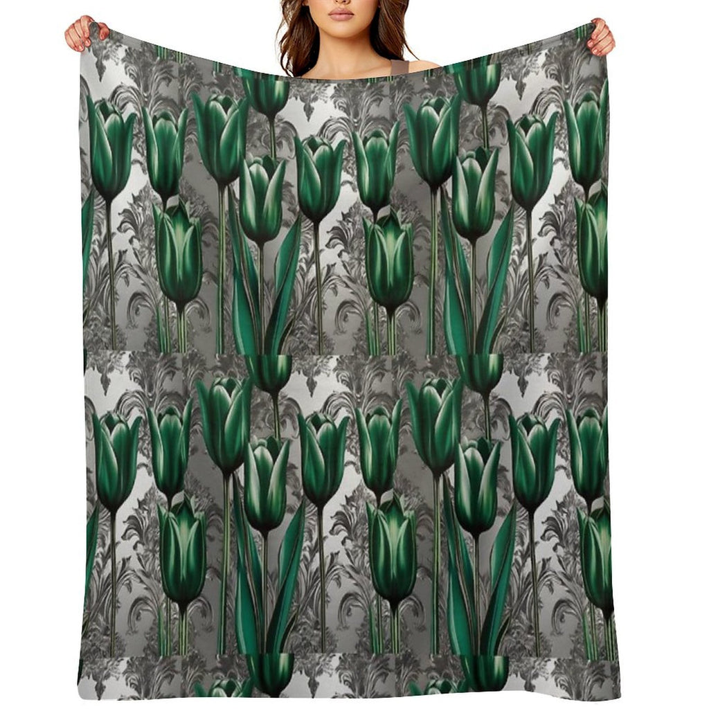 Emerald Green Tulips with Silver Baroque Compact Throw Blanket