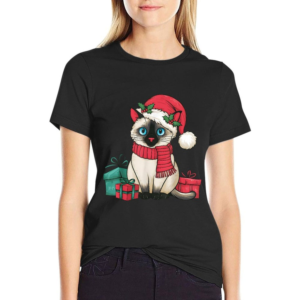 Siamese Cat Xmas Holiday Santa Siamese Cat Christmas Men Women Kids  Rolled Sleeves T-Shirt