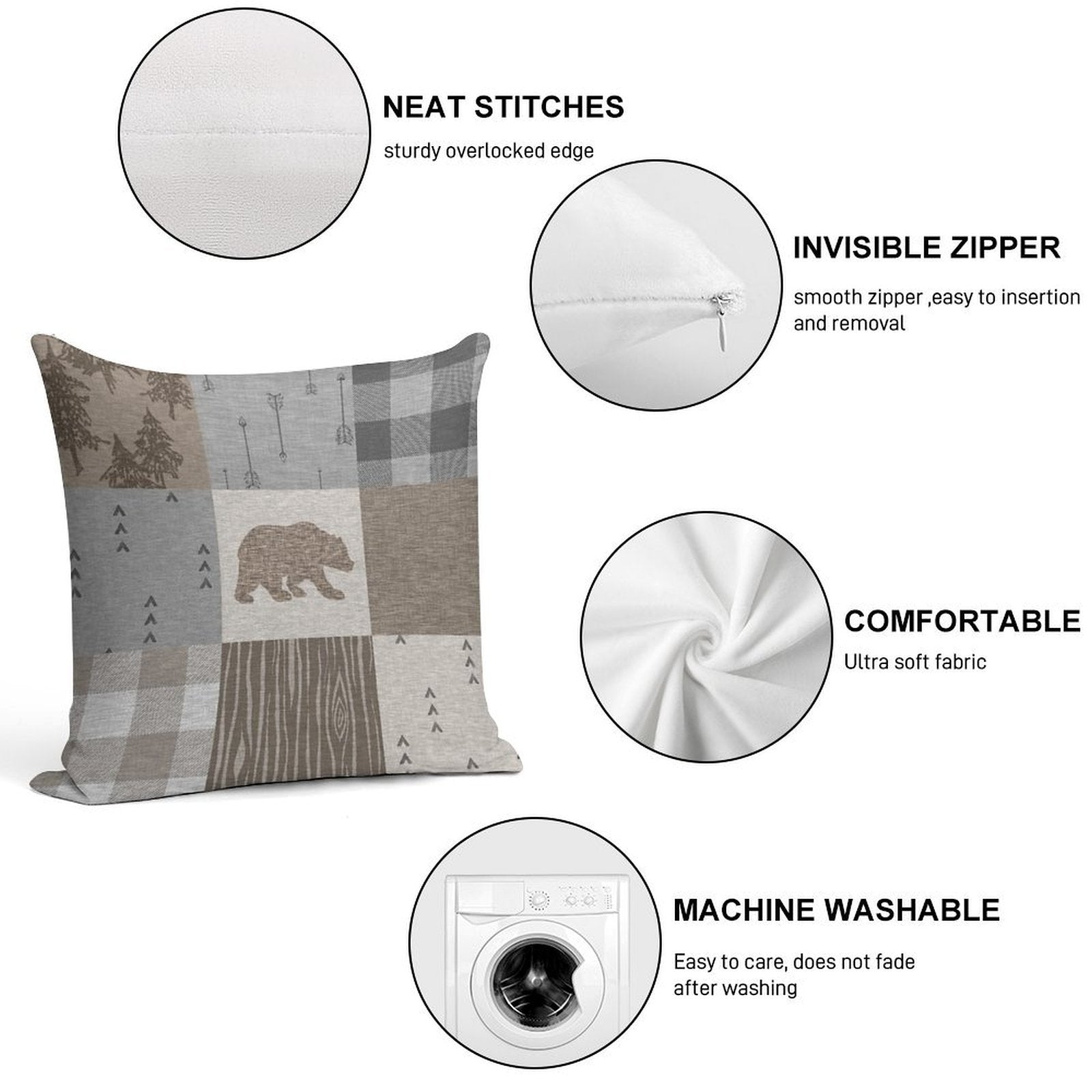 Bear Patchwork - Rustic Neutrals Soft High-Density Material Throw Pillow