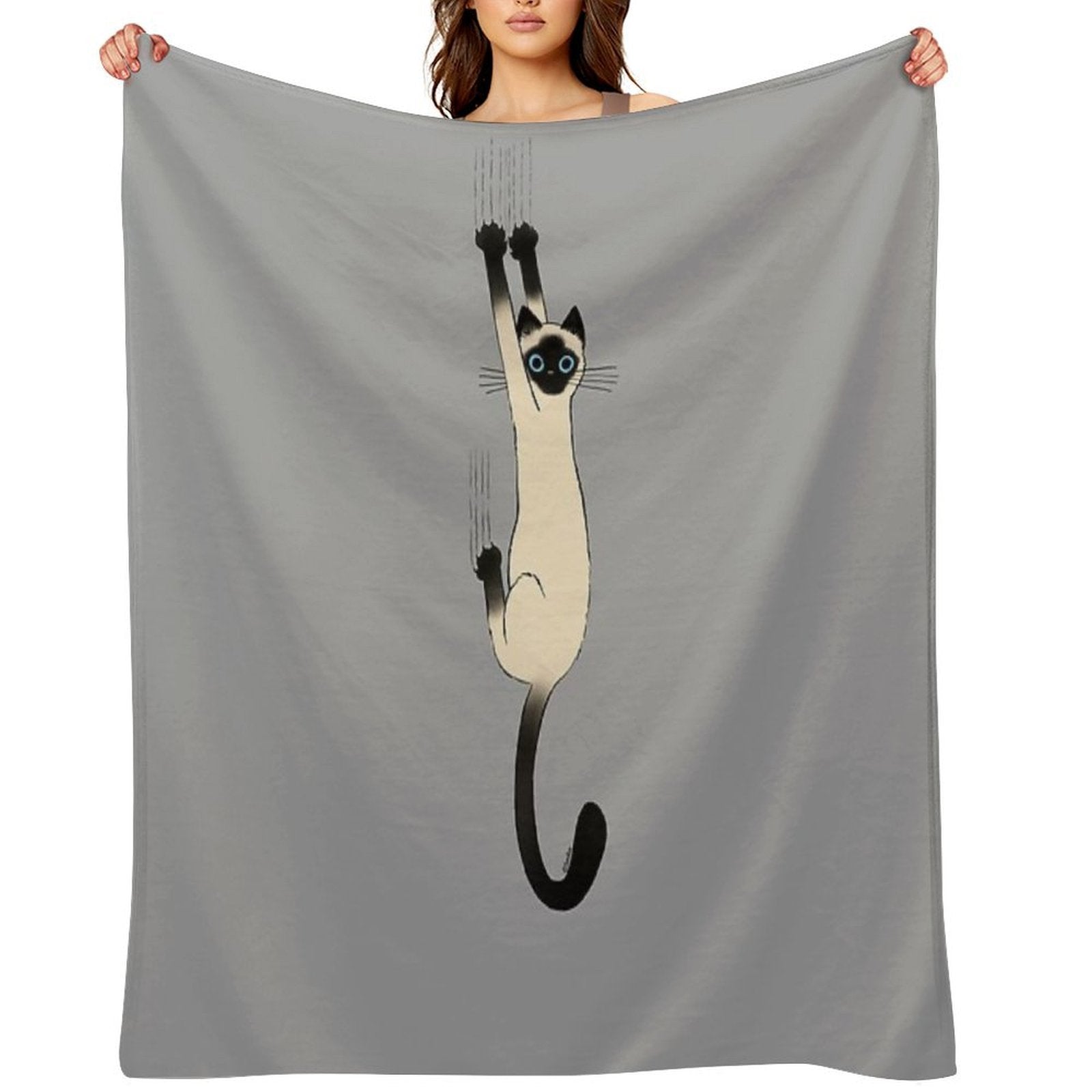 Siamese Cat Hanging On with Claws Funny Cat Holding On Wrinkle-free Throw Blanket