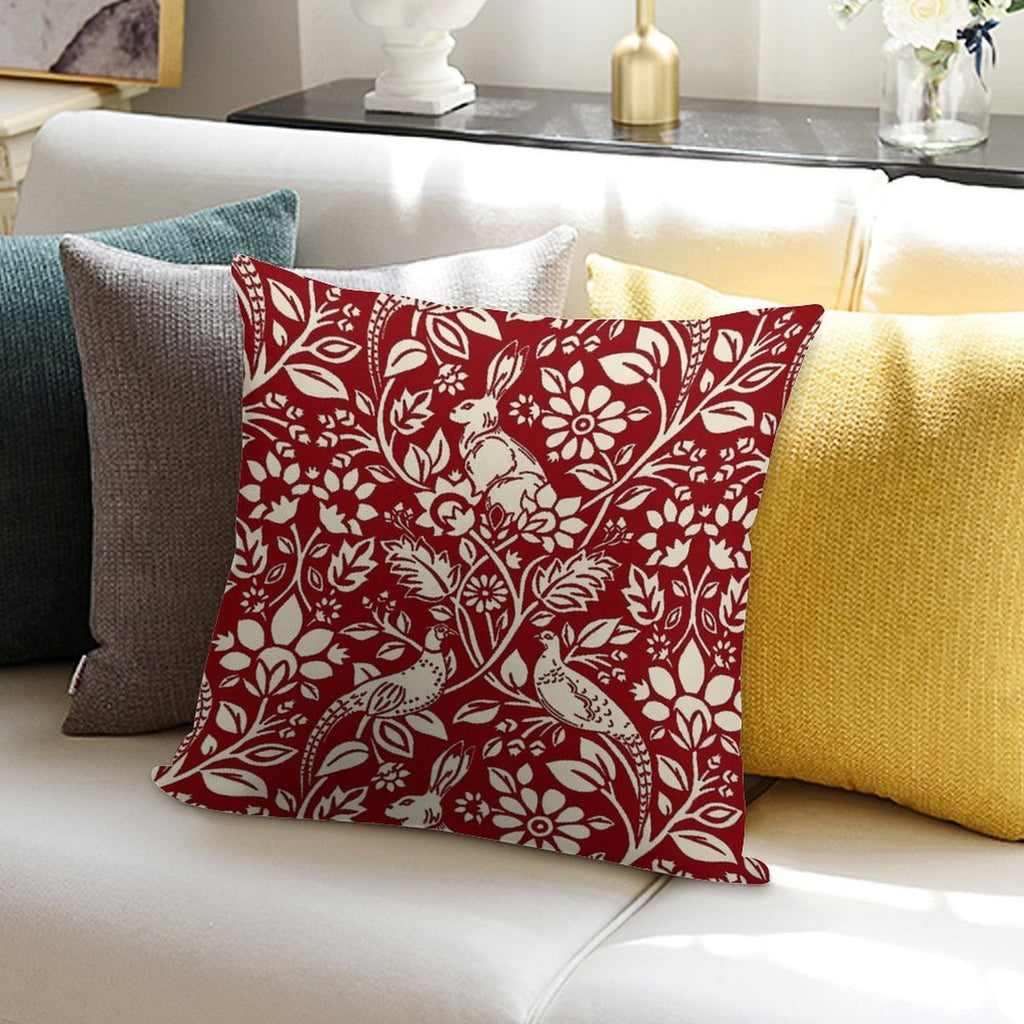 Pheasant And Hare Pattern, Deep Red And Cream Soft Bedroom Essential Throw Pillow