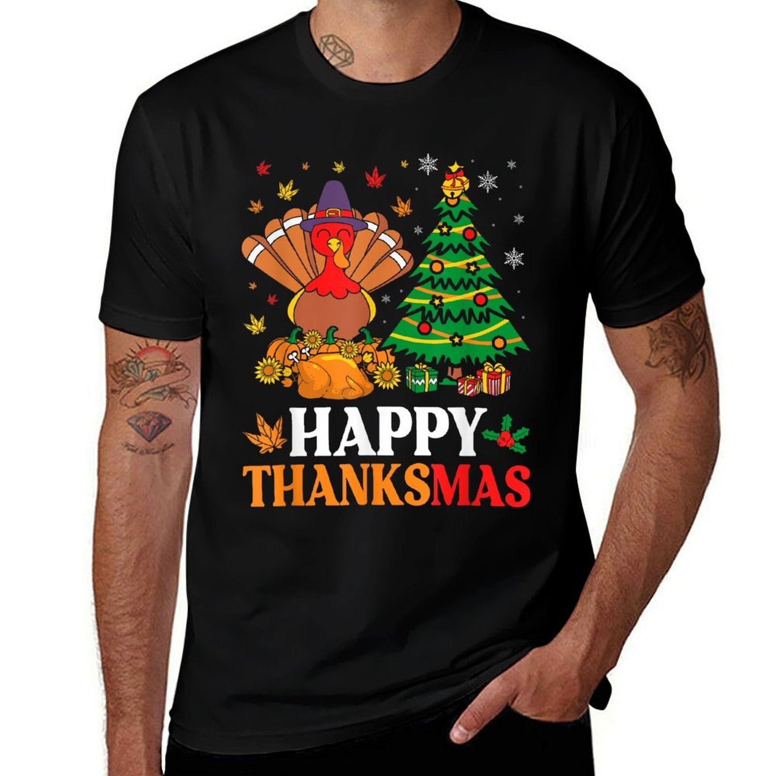 Happy Thanksmas Christmas Thanksgiving Funny Turkey  Cotton T-Shirt