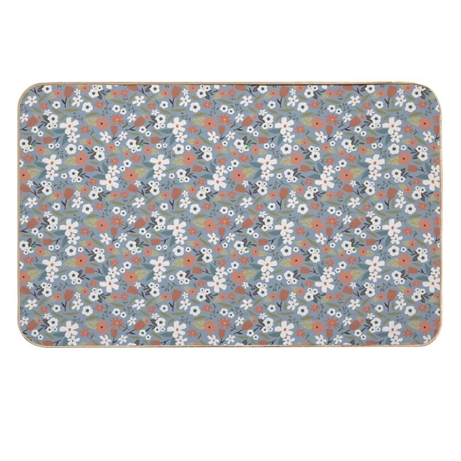 White Flowers on Blue Background Vintage Seamless Pattern  Dirt-Trapping Bath Mat