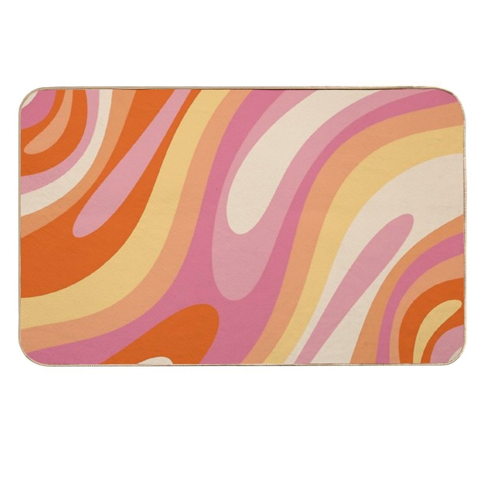Wavy Loops Retro Abstract Pattern in Retro Orange Yellow Thulian Pink Cream  Easy To Clean Bath Mat