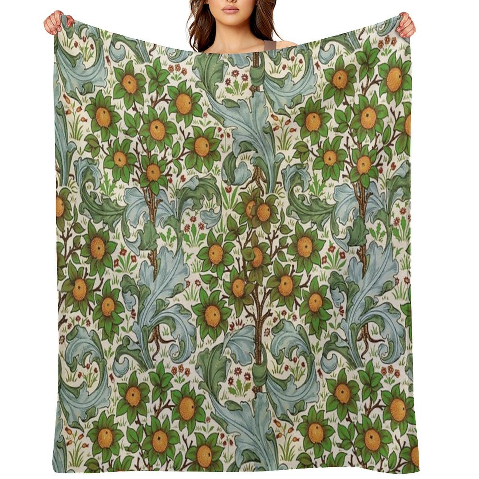 ORANGE TREE WITH BLUE GREEN LEAVES ,FLOWERS Soft Floral Art Nouveau Pattern Anti-pilling Throw Blanket
