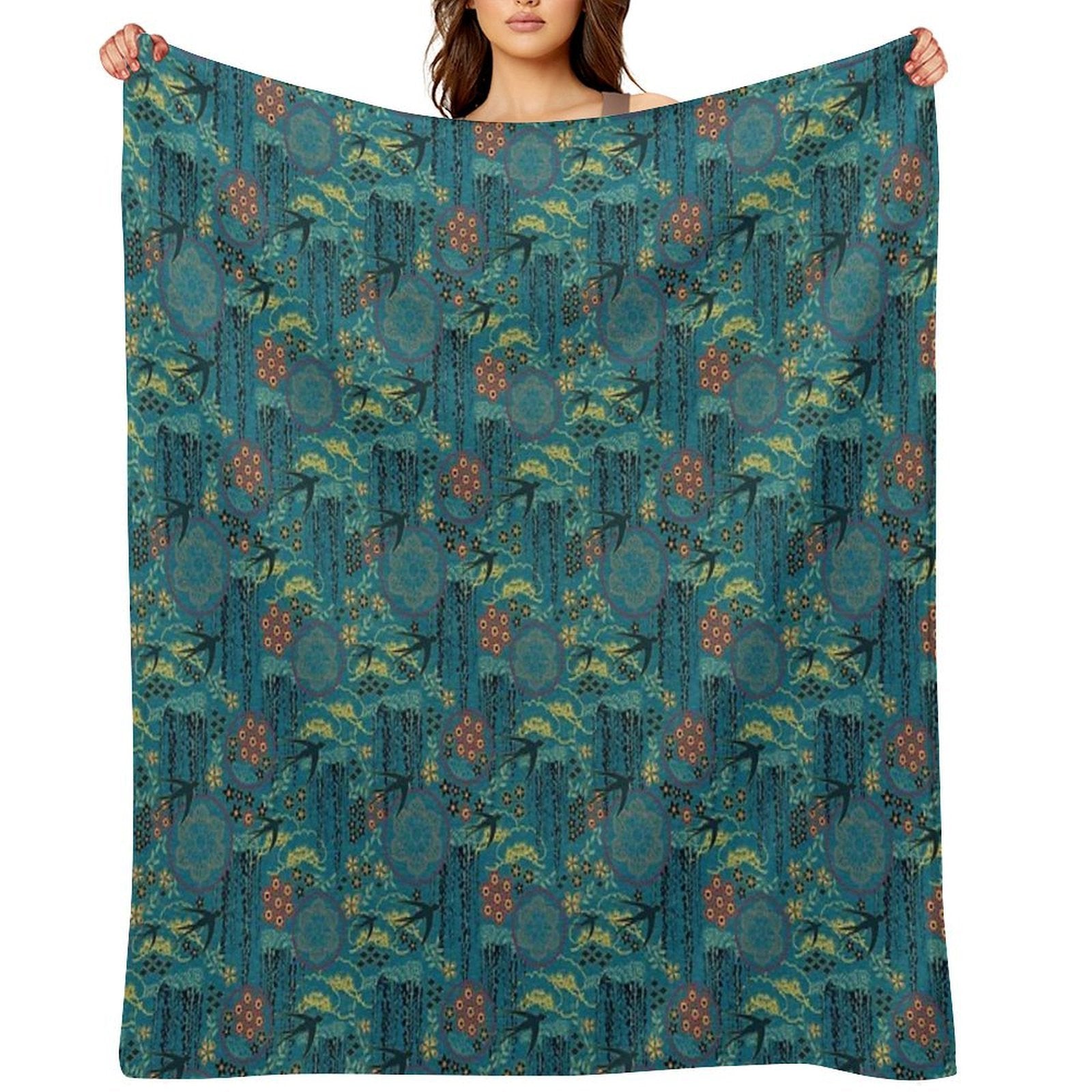 Japanese Garden in Teal Gold Red And Black Gift-ready Throw Blanket
