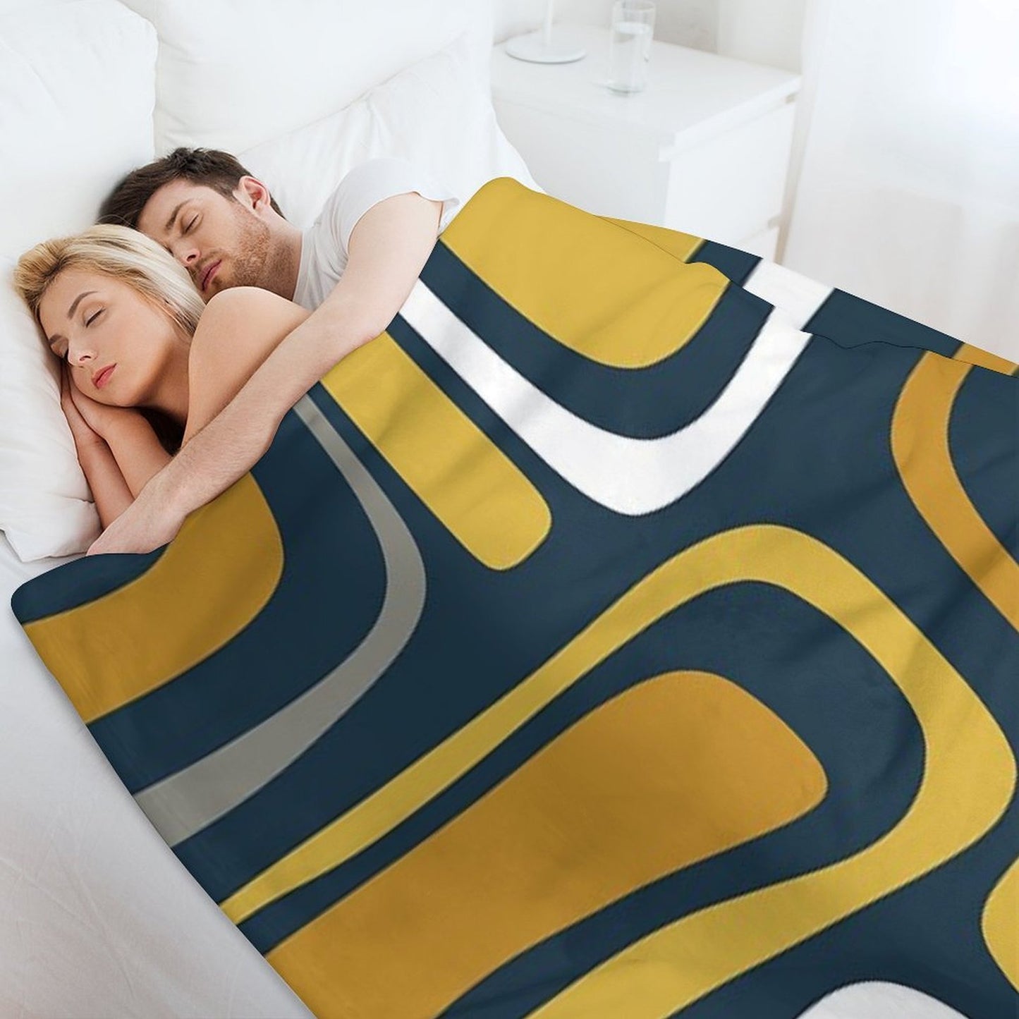 Palm Springs Mid-Century Modern Abstract Pattern in Light And Dark Mustard, Gray, And White on Navy Blue Gift-ready Throw Blanket