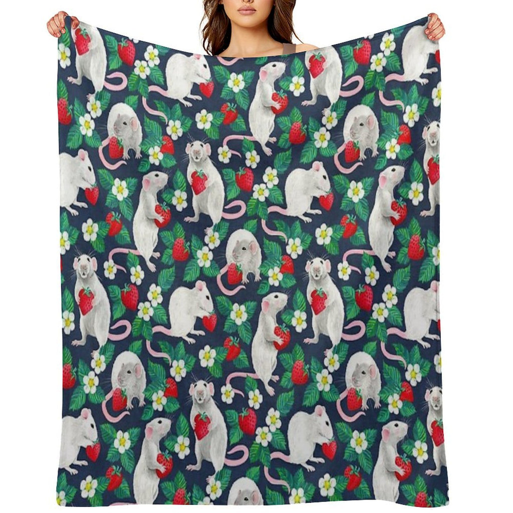Rats Love Strawberries on Navy Blue Eco-conscious Throw Blanket