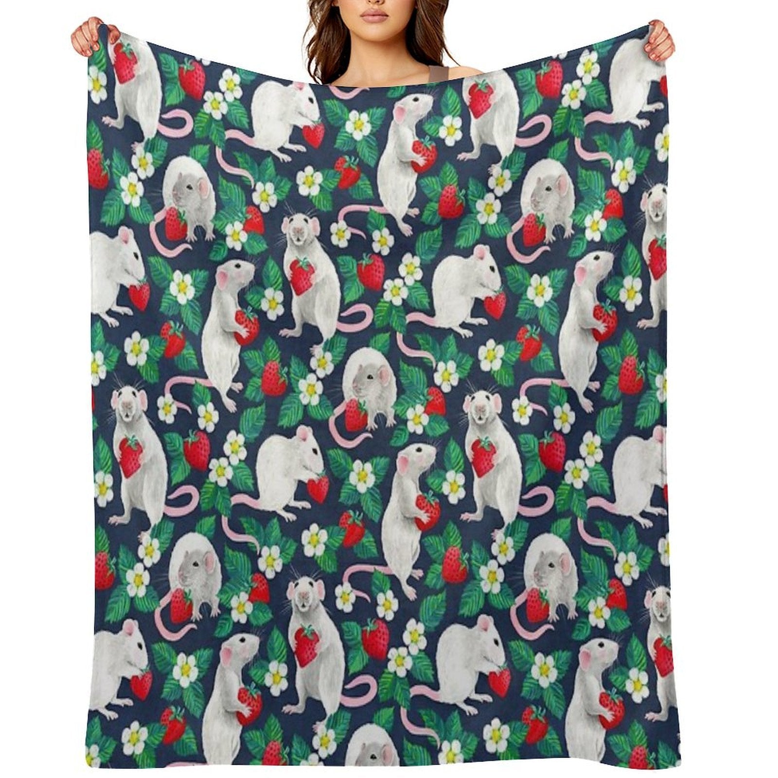 Rats Love Strawberries on Navy Blue Eco-conscious Throw Blanket
