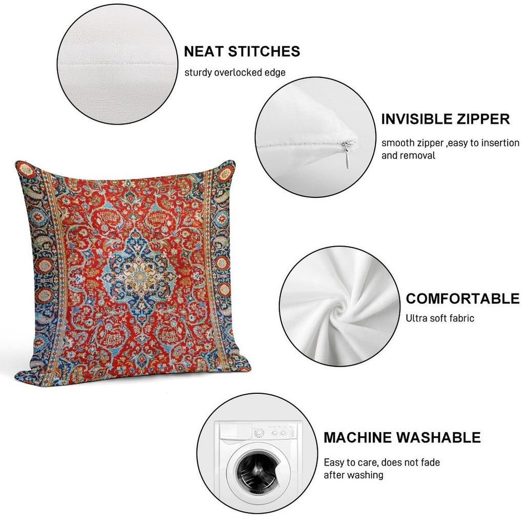 Red Blue Antique Floral Persian Carpet Print Soft Anti-Pilling Throw Pillow