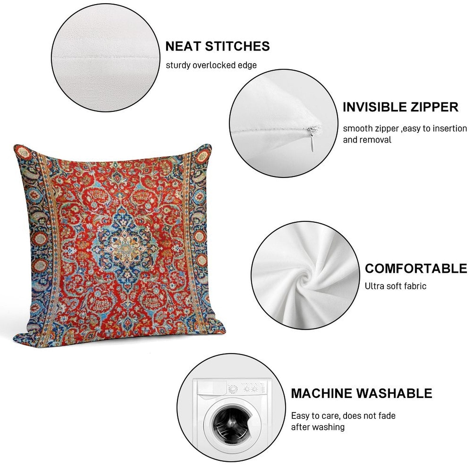 Red Blue Antique Floral Persian Carpet Print Soft Anti-Pilling Throw Pillow