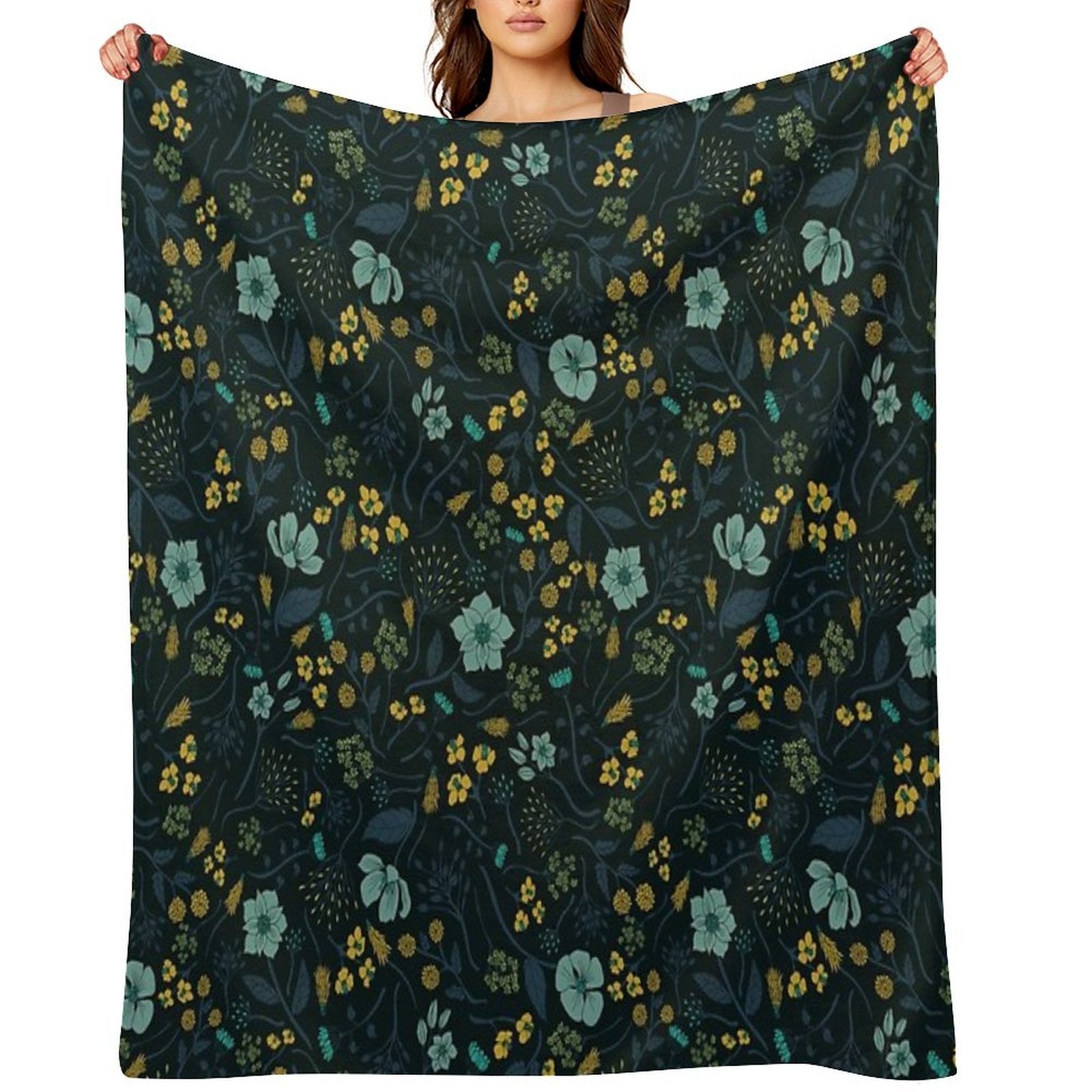 Turquoise, Yellow, Green & Dark Blue Floral Pattern Versatility Throw Blanket