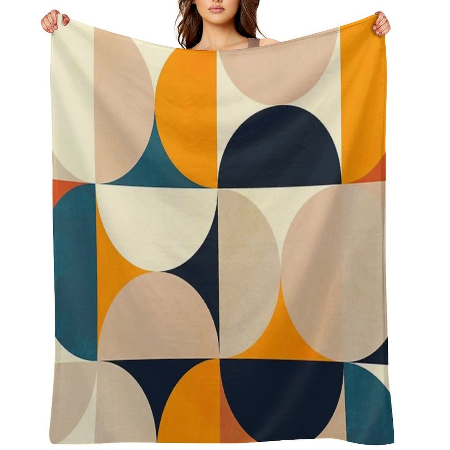 Mid Century Modern, Half Circles, Geometric, Mustard Yellow, Teal. Sand Multi-functional Throw Blanket