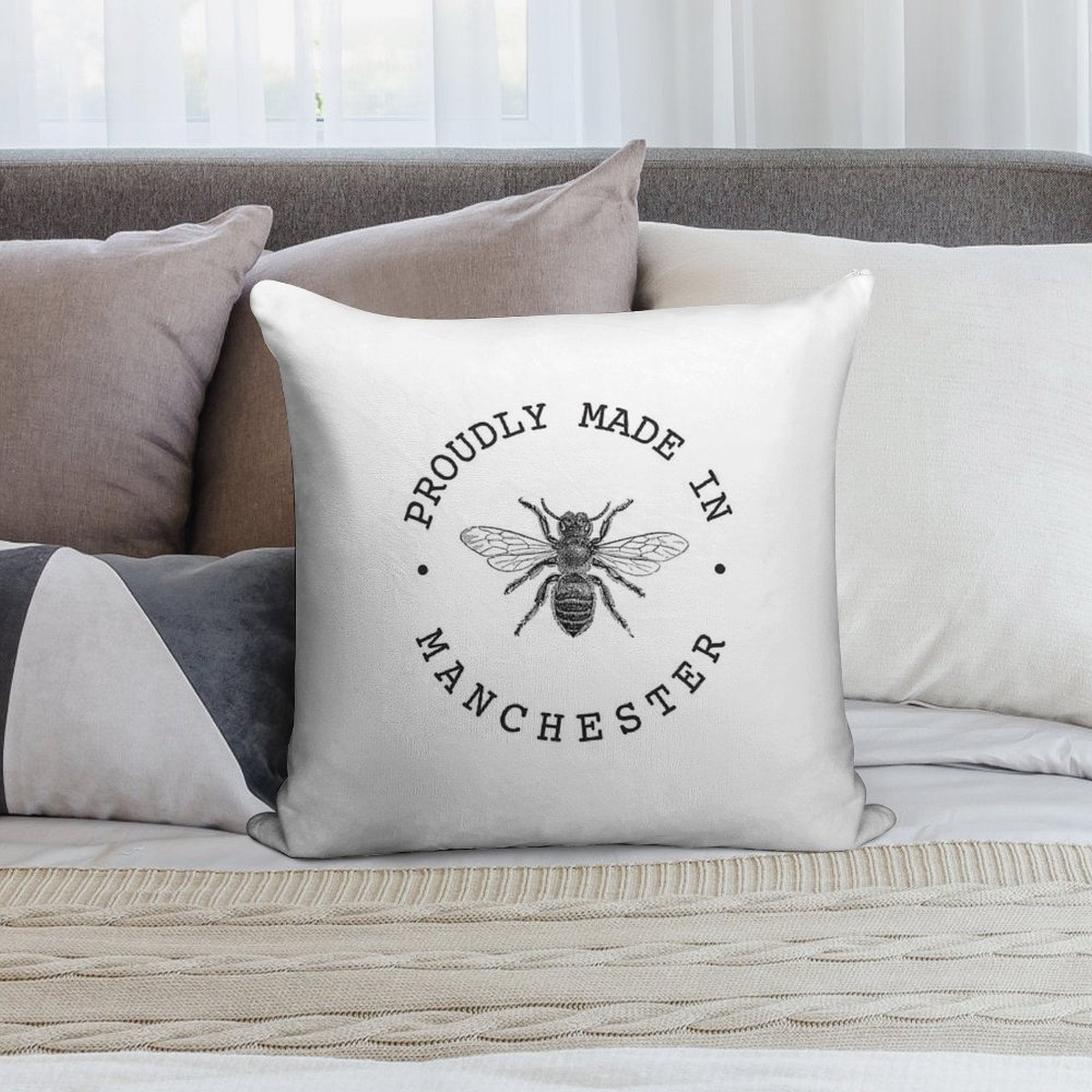 Manchester Worker Bee 'Proudly Made in Manchester' Soft Reinforced Edging Throw Pillow
