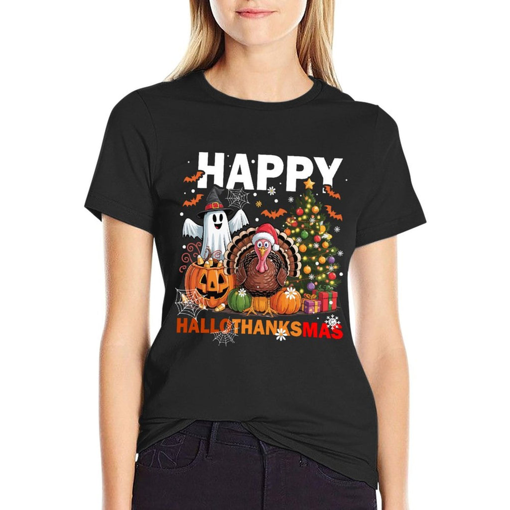 Retro Halloween Thanksgiving Christmas Happy HalloThanksMas Comfortable T-Shirt