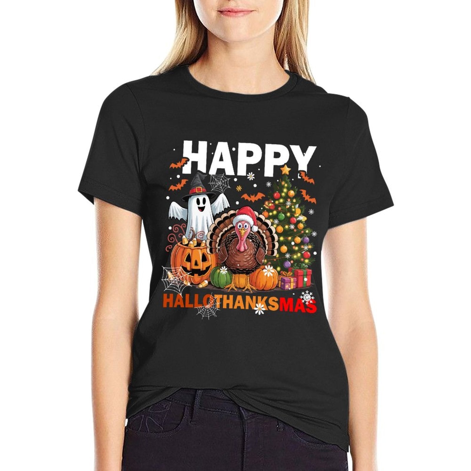 Retro Halloween Thanksgiving Christmas Happy HalloThanksMas Comfortable T-Shirt