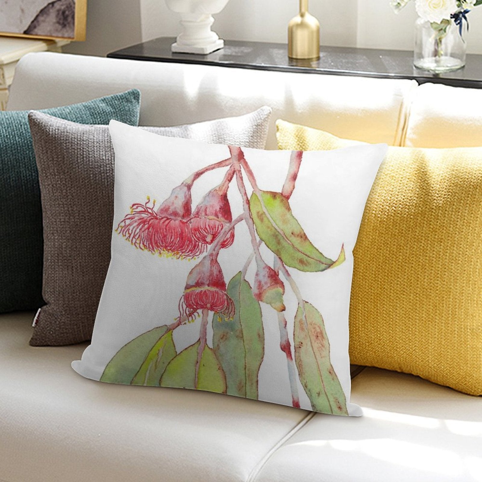 Flowering Silver Princess Eucalyptus Watercolor Soft Decorative Cover Throw Pillow