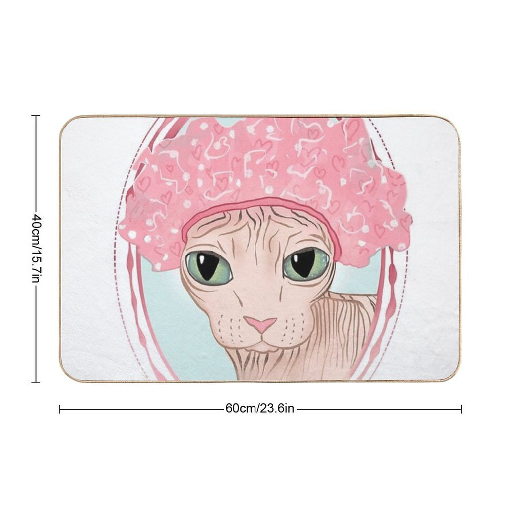 Hairless Sphynx Cat Wearing A Pink Shower Cap  Absorbent Bath Mat
