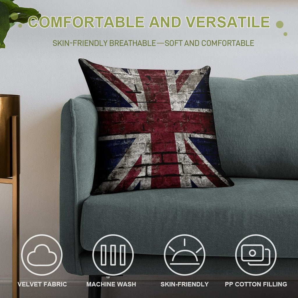 Grunge UK Flag, Great Britain, Punk Style Distressed Wall Soft Short Plush Fabric Throw Pillow