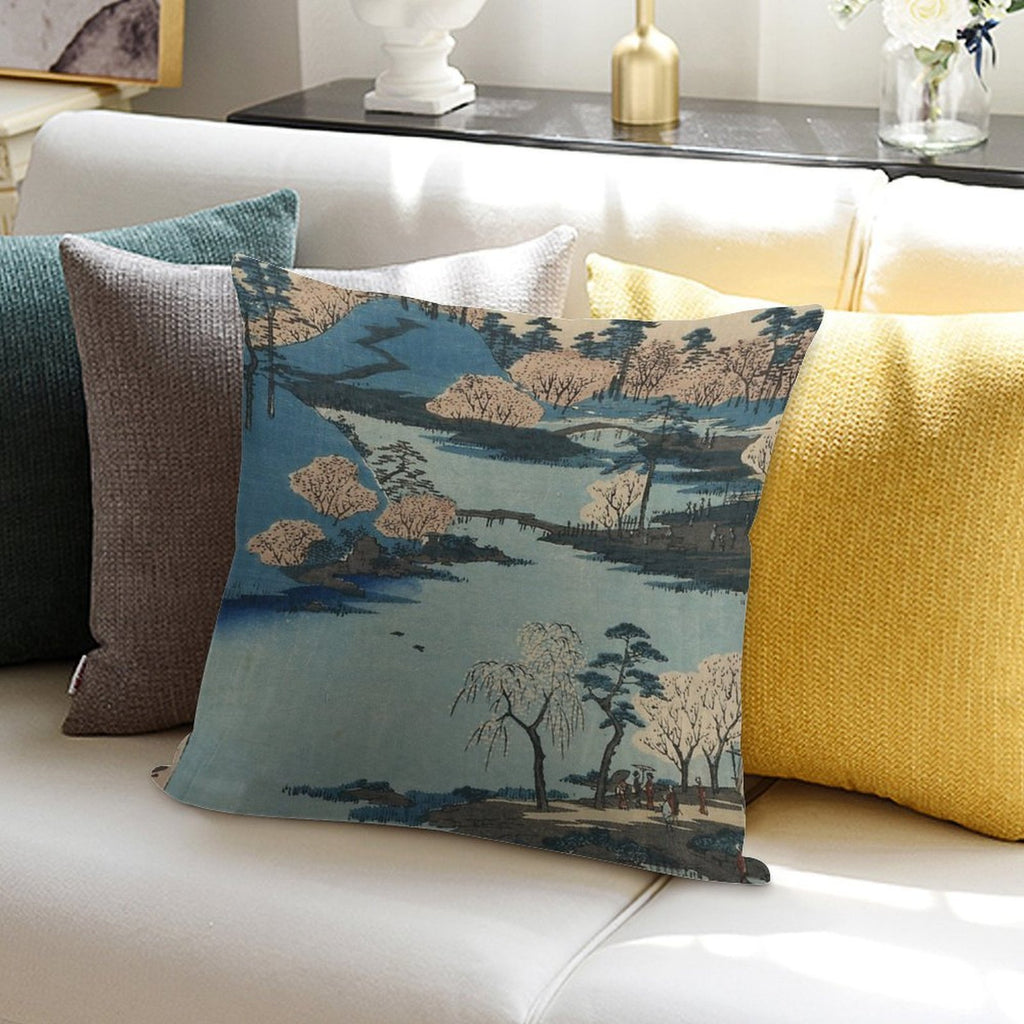 Vintage 1800's Japanese River Landscape Art Soft Gift Ready Throw Pillow