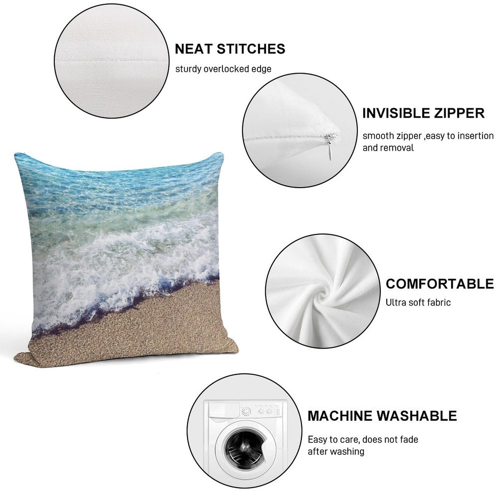 Ocean Blue Shore Waves Soft Reinforced Edging Throw Pillow