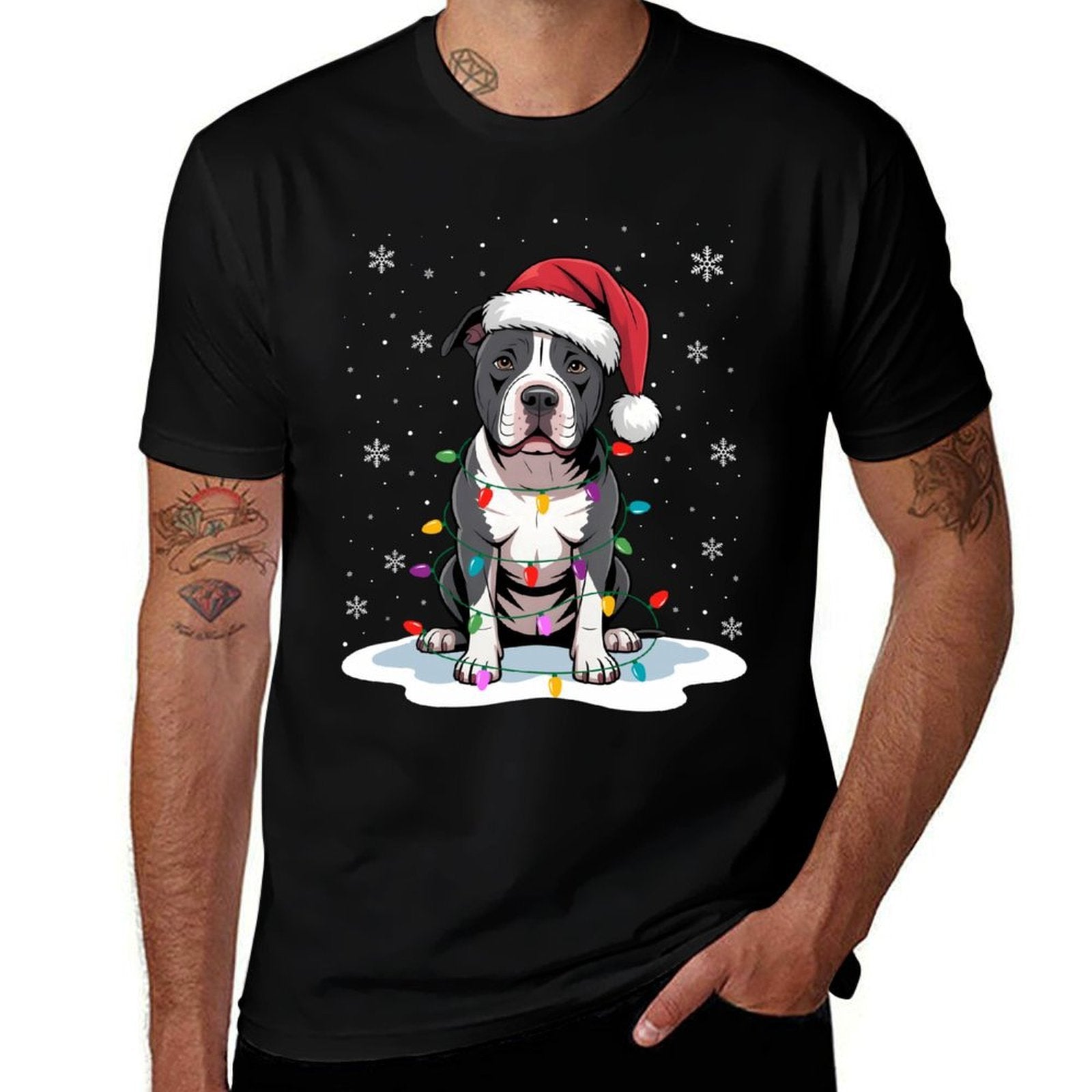 Pitbull Christmas Lights Santa Xmas Pet Dog Lover  Oversized Silhouette T-Shirt