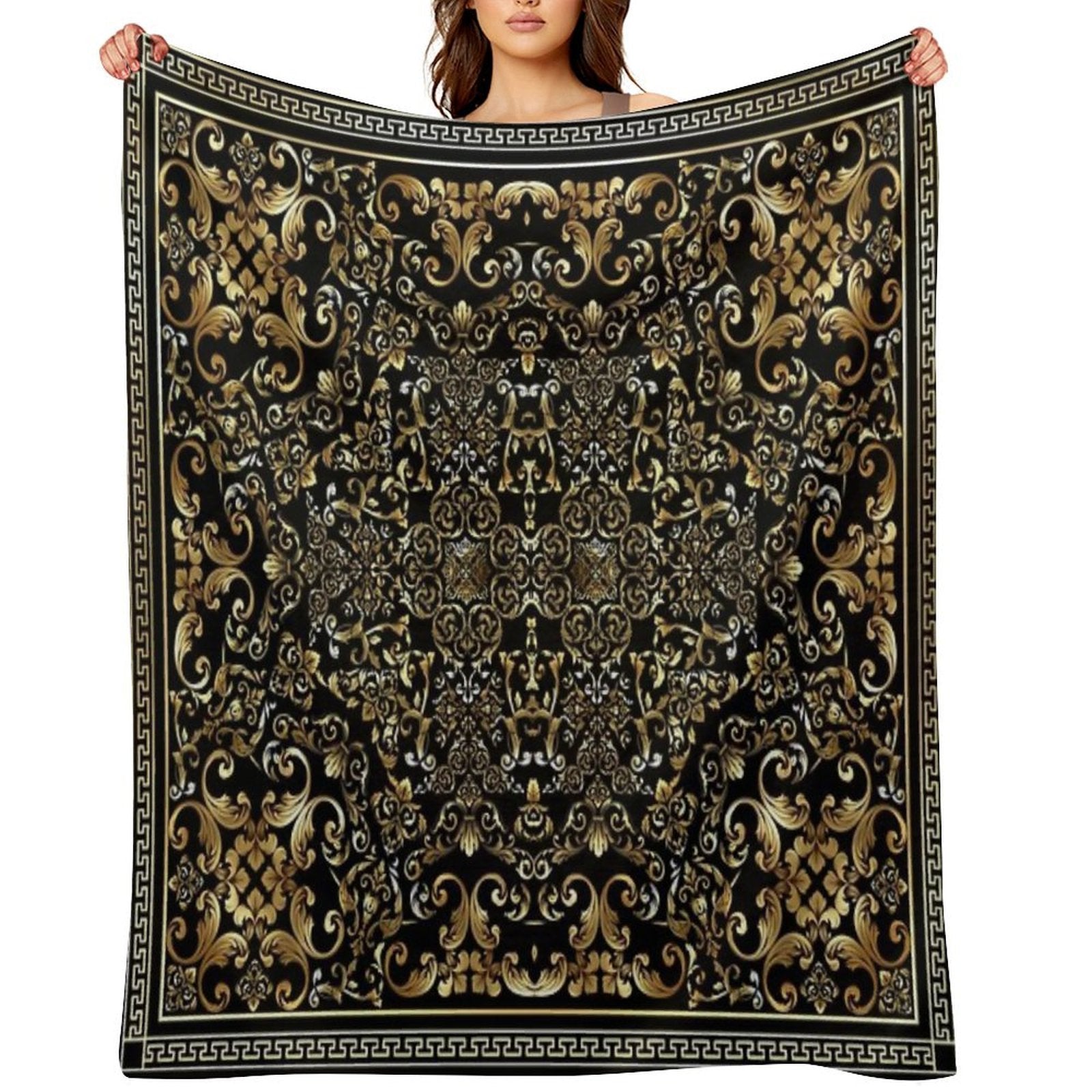 Ornate Baroque Black And Gold Greek Key Border Sustainable Throw Blanket