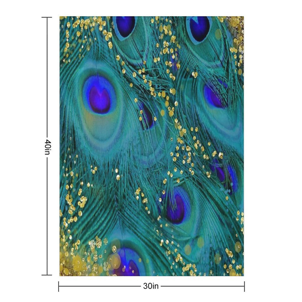 Dreamy Peacock Feathers, Teal And Purple, Glimmering Gold Shrink-resistant Throw Blanket