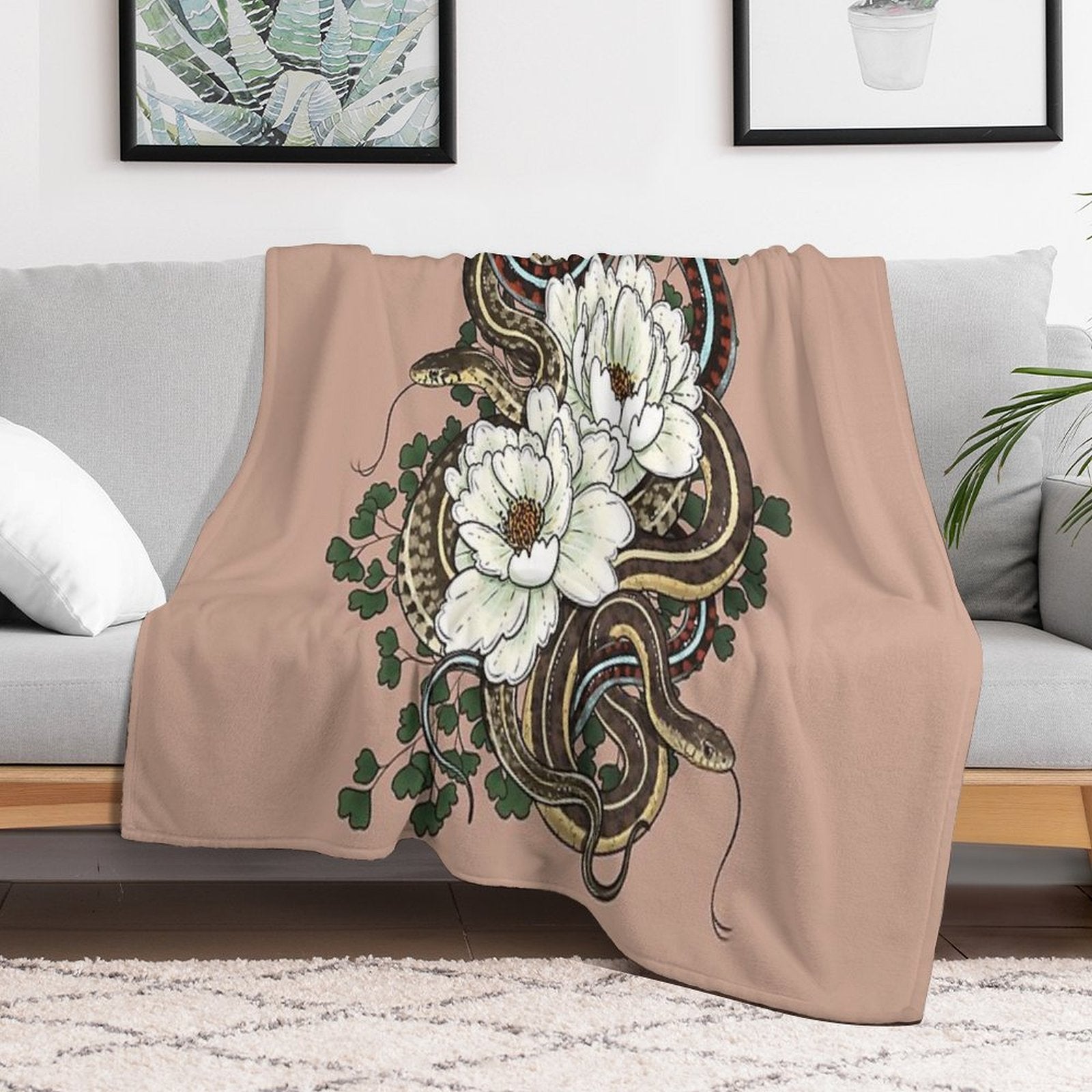 Garter Snakes with White Peonies Premium Throw Blanket