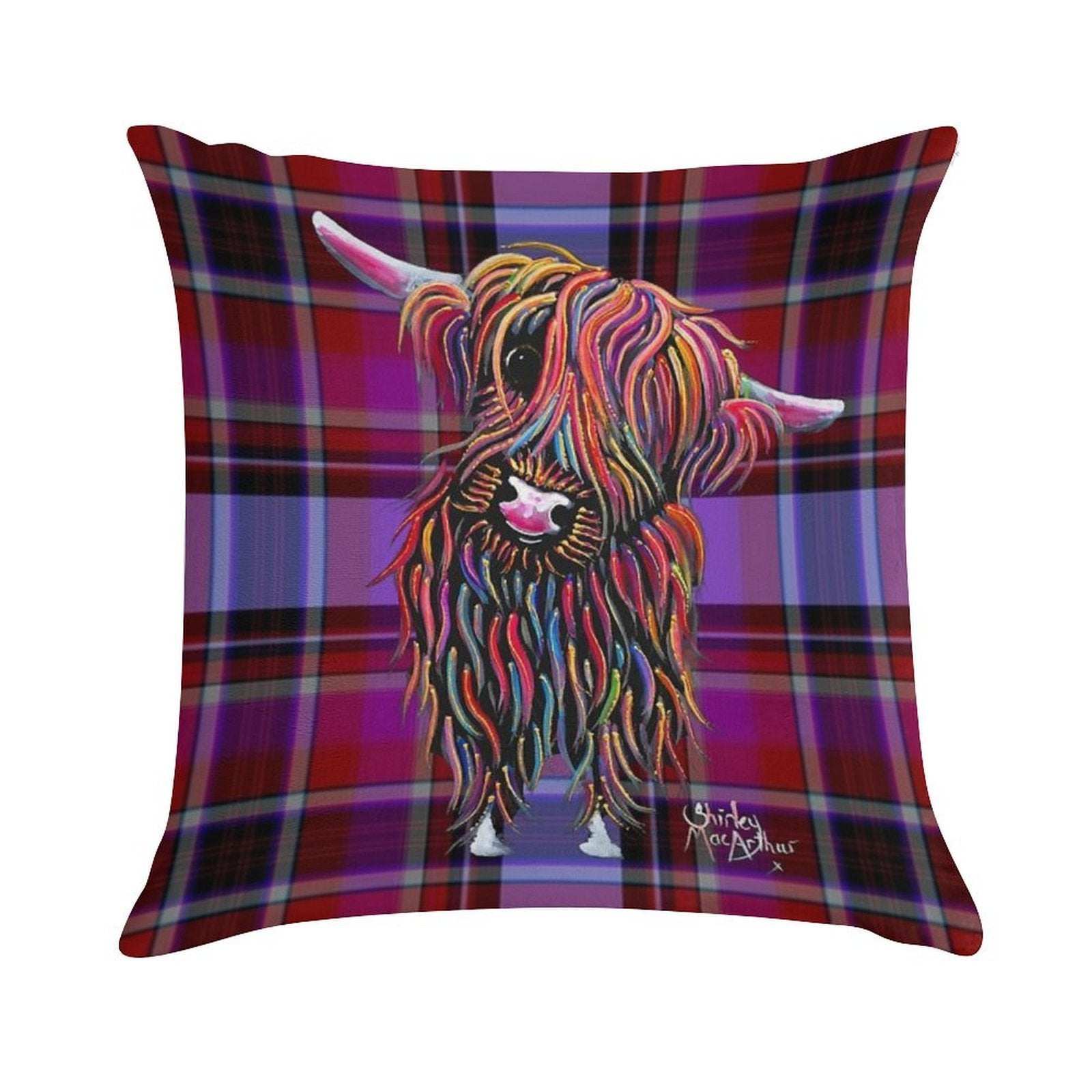 SCoTTiSH HiGHLaND CoW ' TaRTaN BoLLY P ' BY SHiRLeY MacARTHuR Soft Luxury Feel Throw Pillow