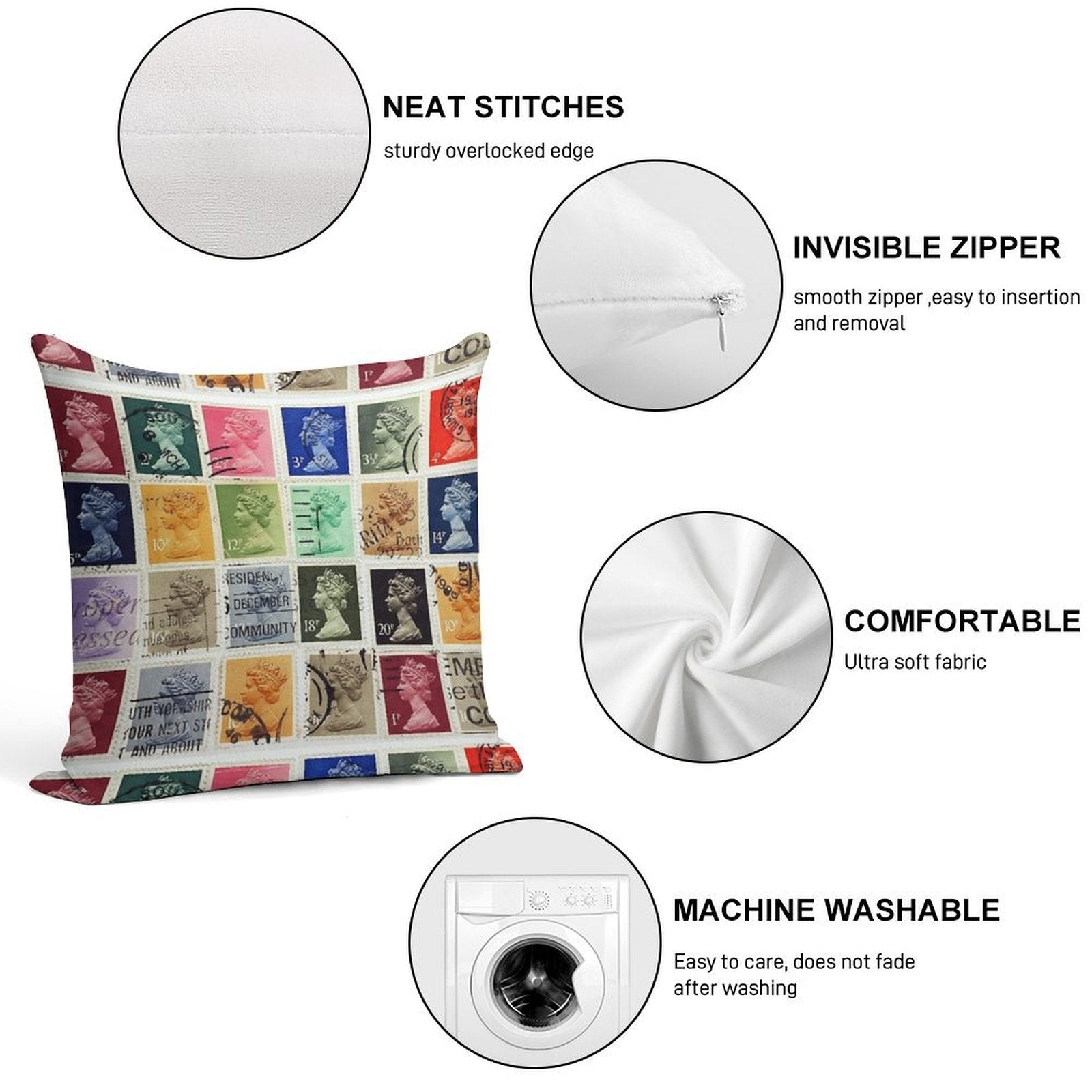 British Postage Stamps with A Queen Elizabeth Profile. Soft Luxury Feel Throw Pillow