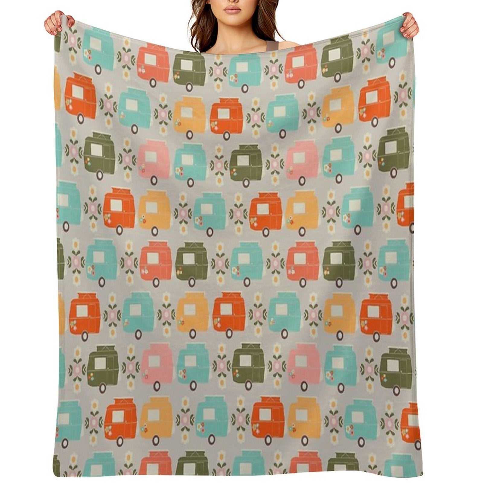 Colourful Vintage Caravans And Daisies Shrink-resistant Throw Blanket