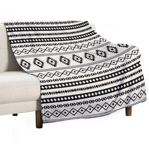 Aztec Black on Cream Mixed Motifs Pattern Velvety-soft Throw Blanket