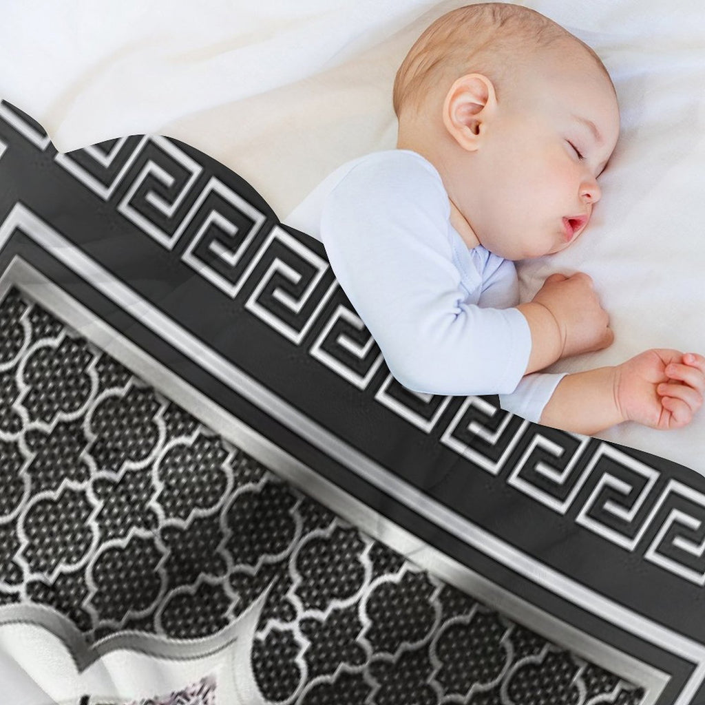 Greek Key Border Black Silver And White Design Plush Throw Blanket