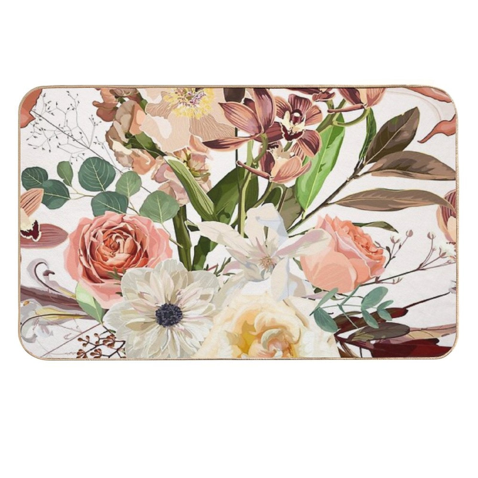 Detailed Hand Drawn Flowers - Blooming Magnolia, Roses, Eucalyptus And Herbs.  Long-Lasting Bath Mat