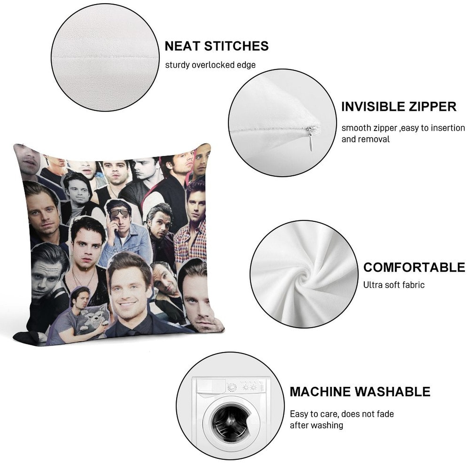Sebastian Stan Collage Soft Decorative Cover Throw Pillow