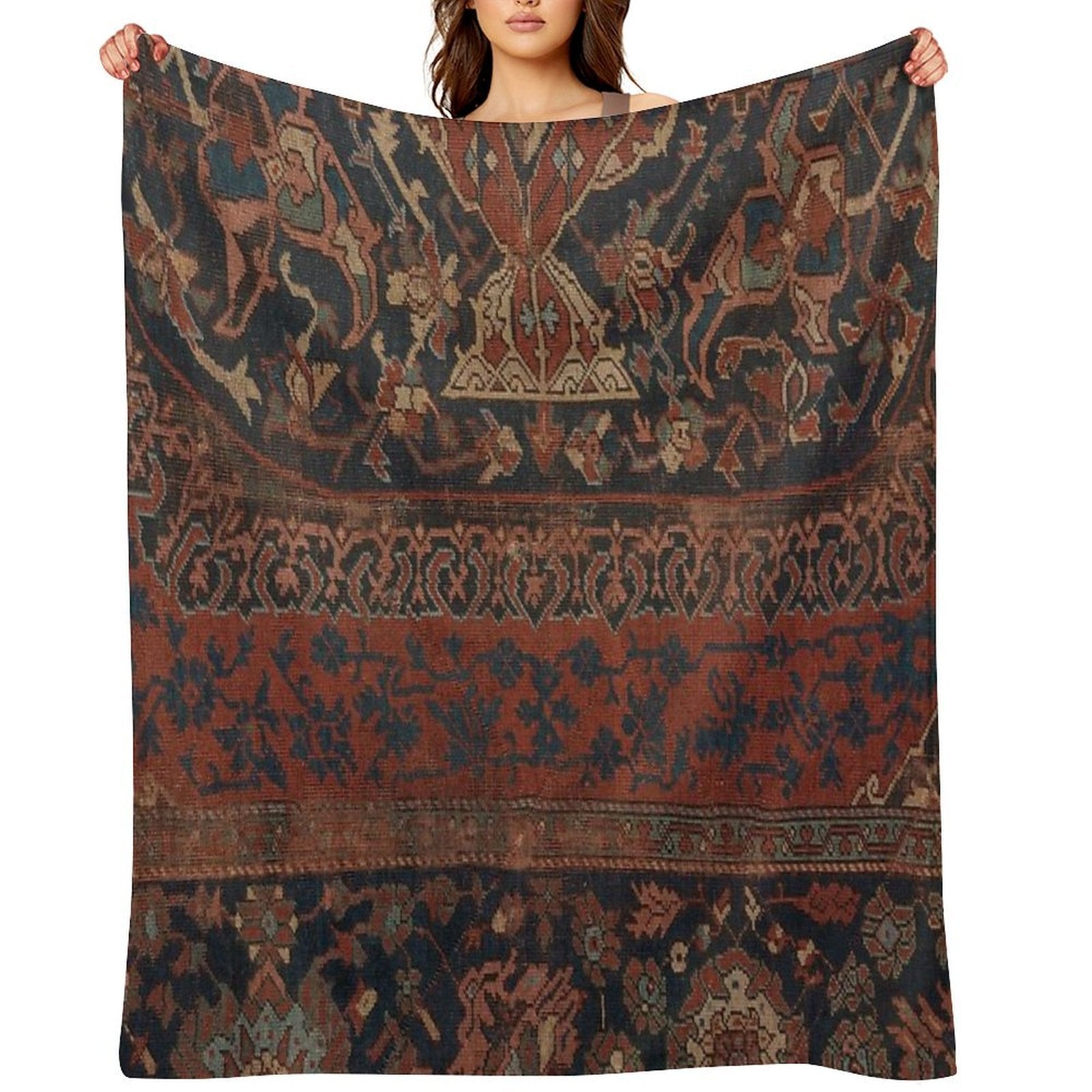 Boho Chic Dark III  17th Century Colorful Medallion Red Blue Green Brown Ornate Accent Rug Pattern Gift-ready Throw Blanket