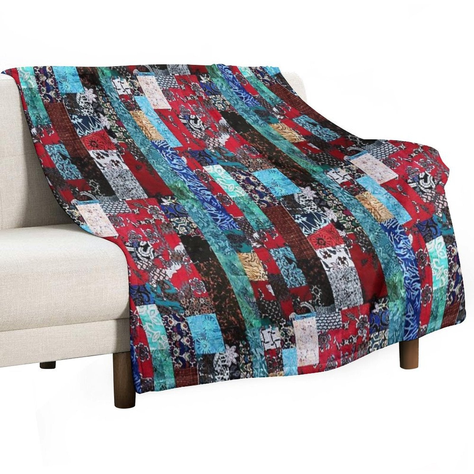 Indonesian Batik Patchwork Red Blue Tone Eco-conscious Throw Blanket